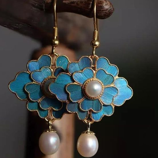 Vintage Blauwe Lotus Parel Hangende Oorbellen